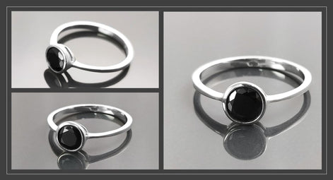 Black Solitaire Ring, Sterling Silver, Comfortable Low Closed Setting Single Black Cz Round Stone , Minimalist Promise Solitaire Jewelry