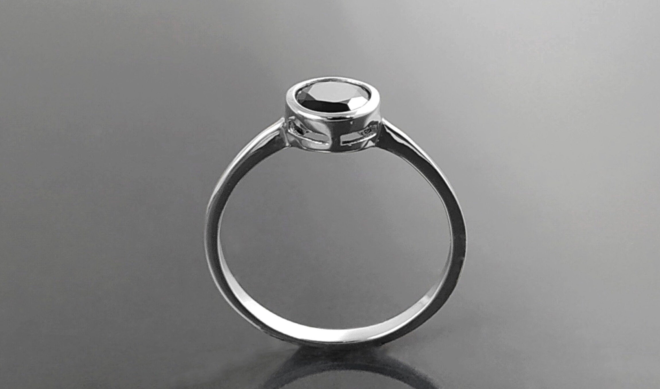 Black Solitaire Ring, Sterling Silver, Comfortable Low Closed Setting Single Black Cz Round Stone , Minimalist Promise Solitaire Jewelry