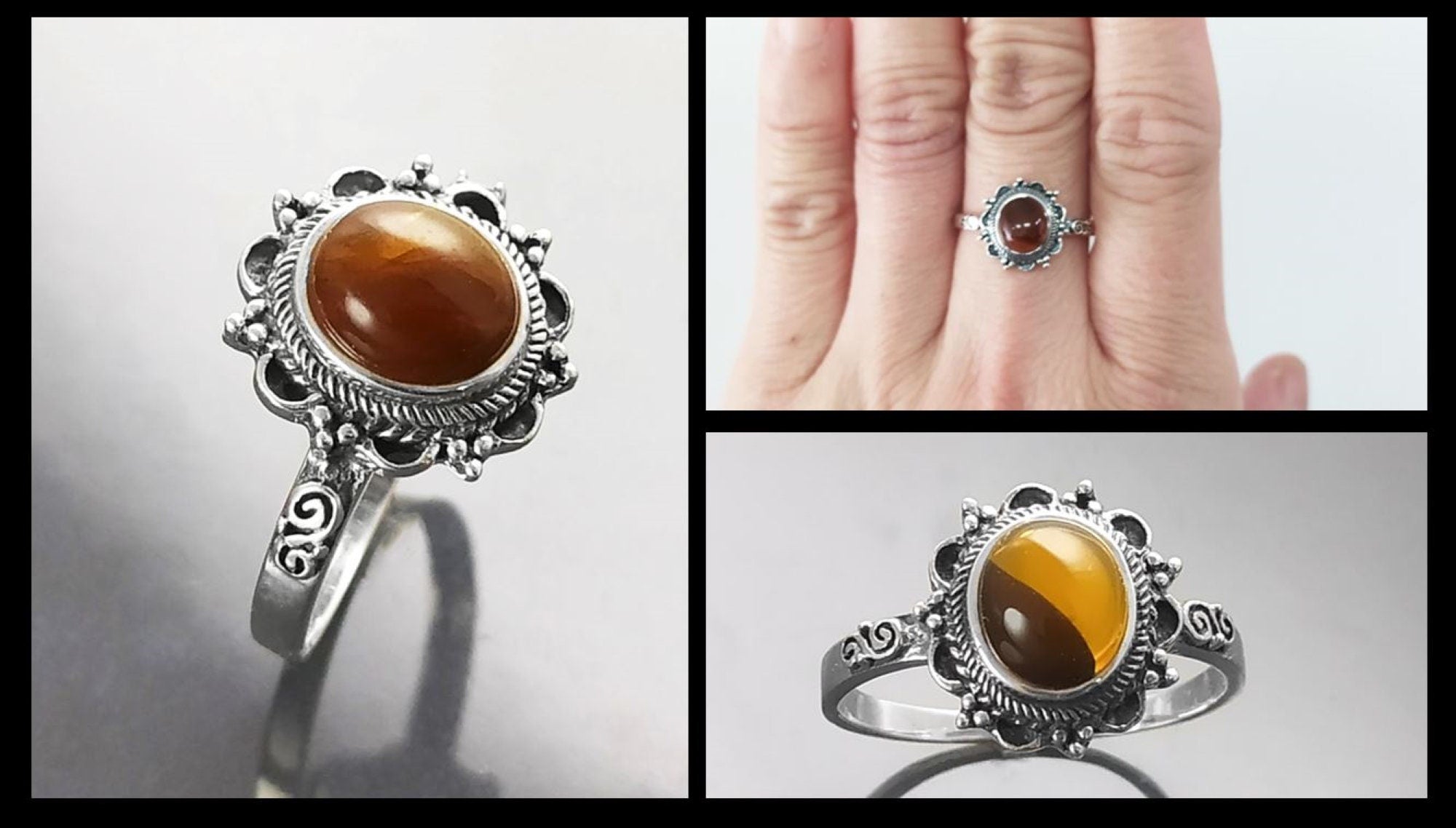 Genuine Amber Ring Solid 925 Silver worn on woman hand