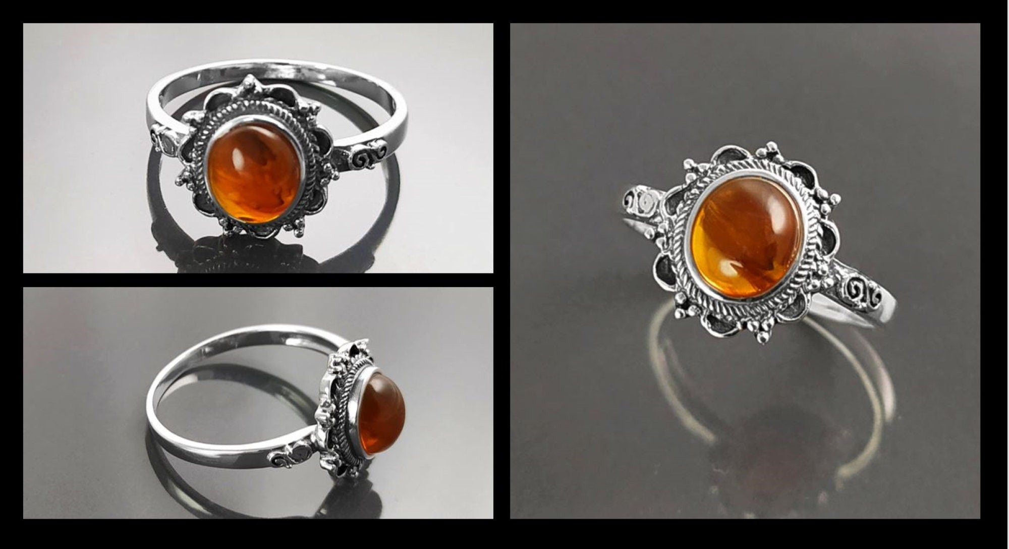 Genuine Amber Ring Solid 925 Silver Natural Stone Gift