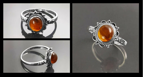 Genuine Amber Ring Solid 925 Silver Natural Stone Gift