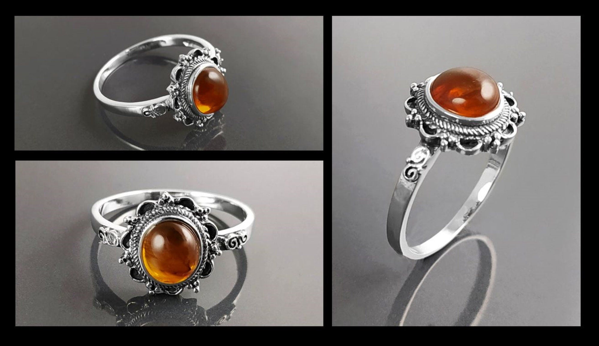 Genuine Amber Ring Solid 925 Silver Victorian Natural Stone Gift