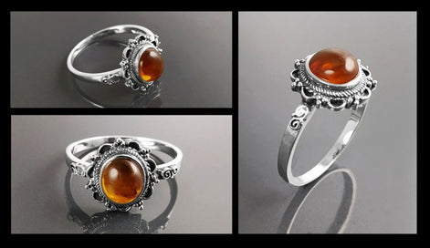 Genuine Amber Ring Solid 925 Silver Victorian Natural Stone Gift