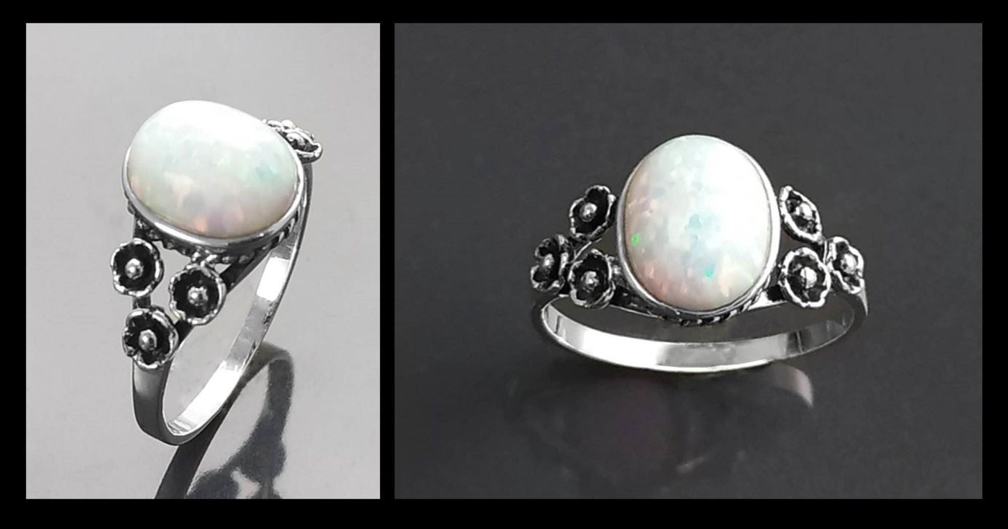 Sterling Silver Opal Ring, Flower Design Jewelry
