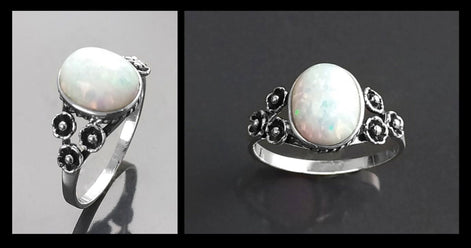 Sterling Silver Opal Ring, Flower Design Jewelry