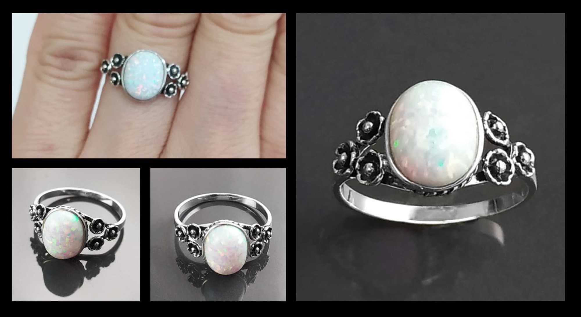 Sterling Silver Opal Ring, Flower Design Jewelry