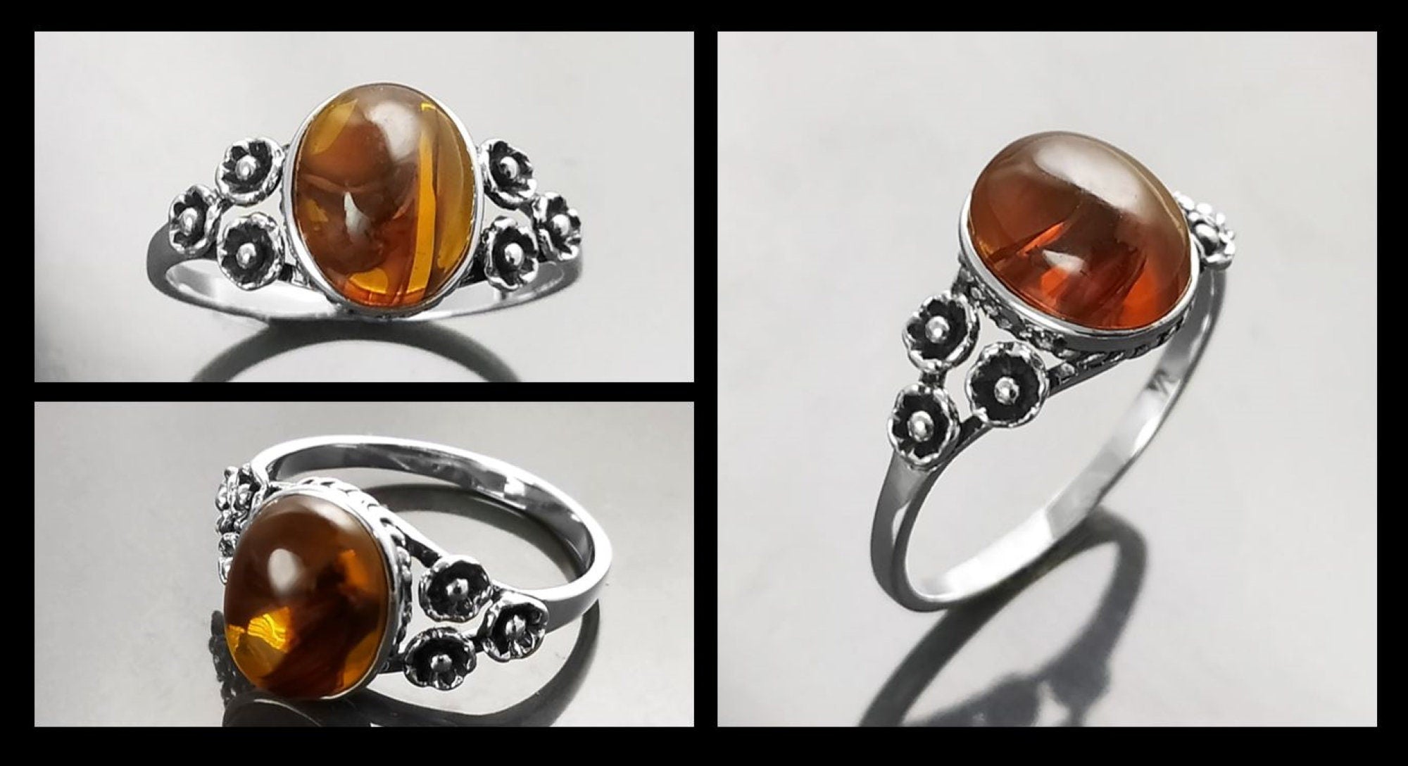 925 Sterling Silver Amber Ring, Vintage Style Amber Ring, Handmade Oval Gemstone Jewelry, Boho Studded Pattern