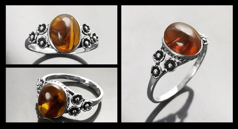 925 Sterling Silver Amber Ring, Vintage Style Amber Ring, Handmade Oval Gemstone Jewelry, Boho Studded Pattern