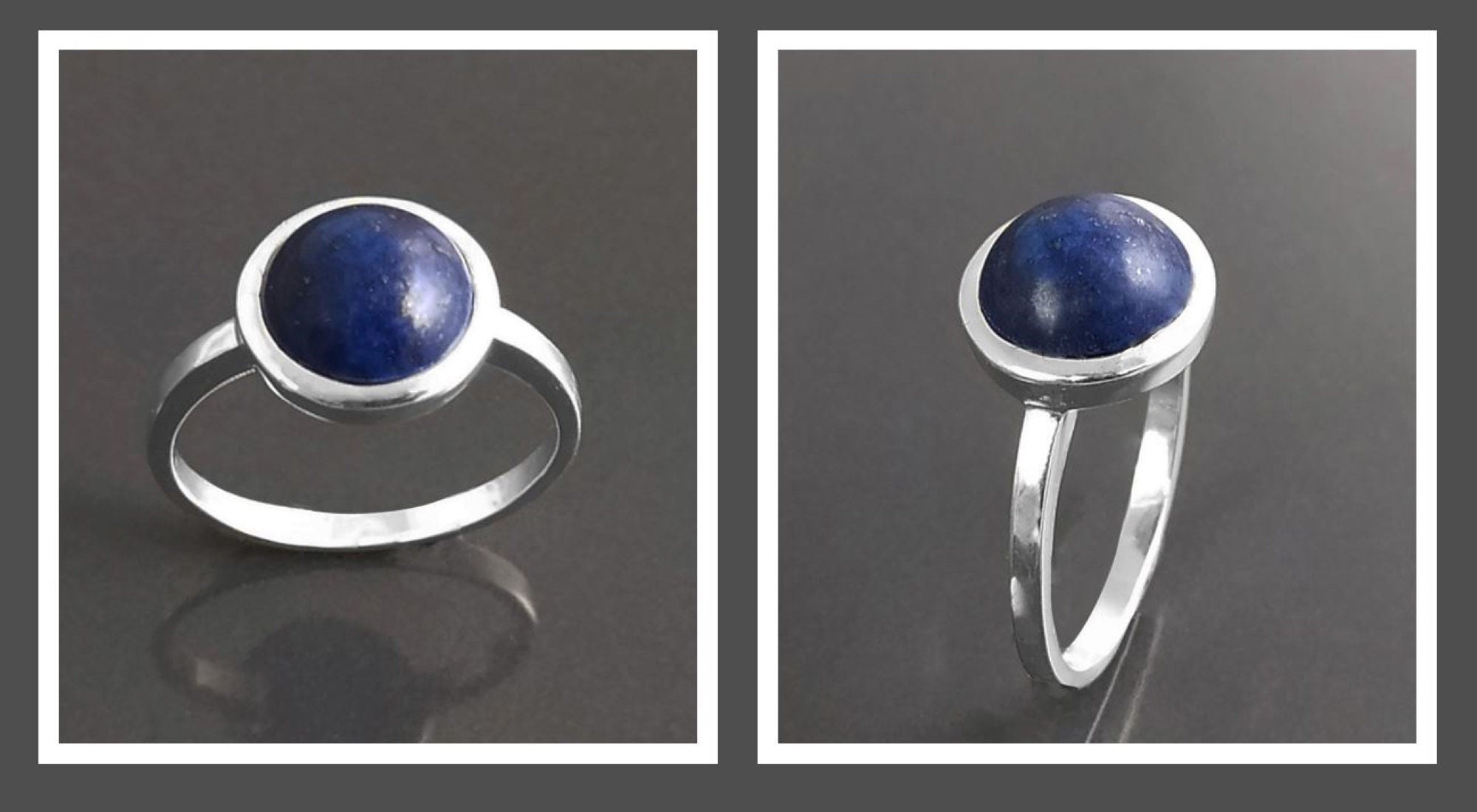925 Lapis Ring Sterling Silver, Round Blue Stone Ring, Genuine Blue Lapis Lazuli Gemstone Birthstone Jewelry, Modern Minimalist Style Gift