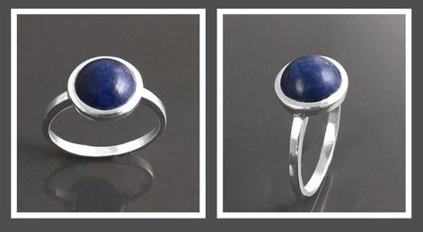 925 Lapis Ring Sterling Silver, Round Blue Stone Ring, Genuine Blue Lapis Lazuli Gemstone Birthstone Jewelry, Modern Minimalist Style Gift
