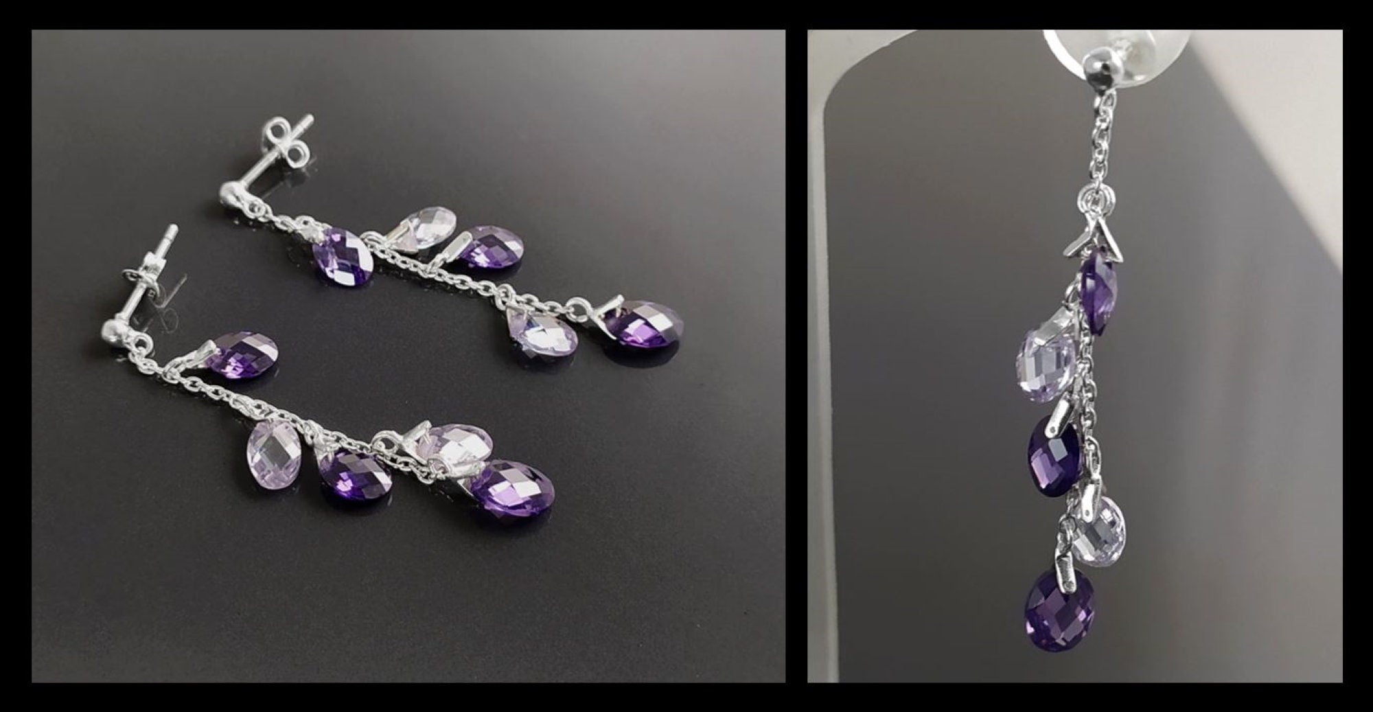 Purple earrings, sterling silver, teardrop purple crystal, berry grape stones bunch earrings, dark violet stone color, modern chain jewelry