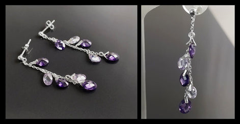 Purple earrings, sterling silver, teardrop purple crystal, berry grape stones bunch earrings, dark violet stone color, modern chain jewelry
