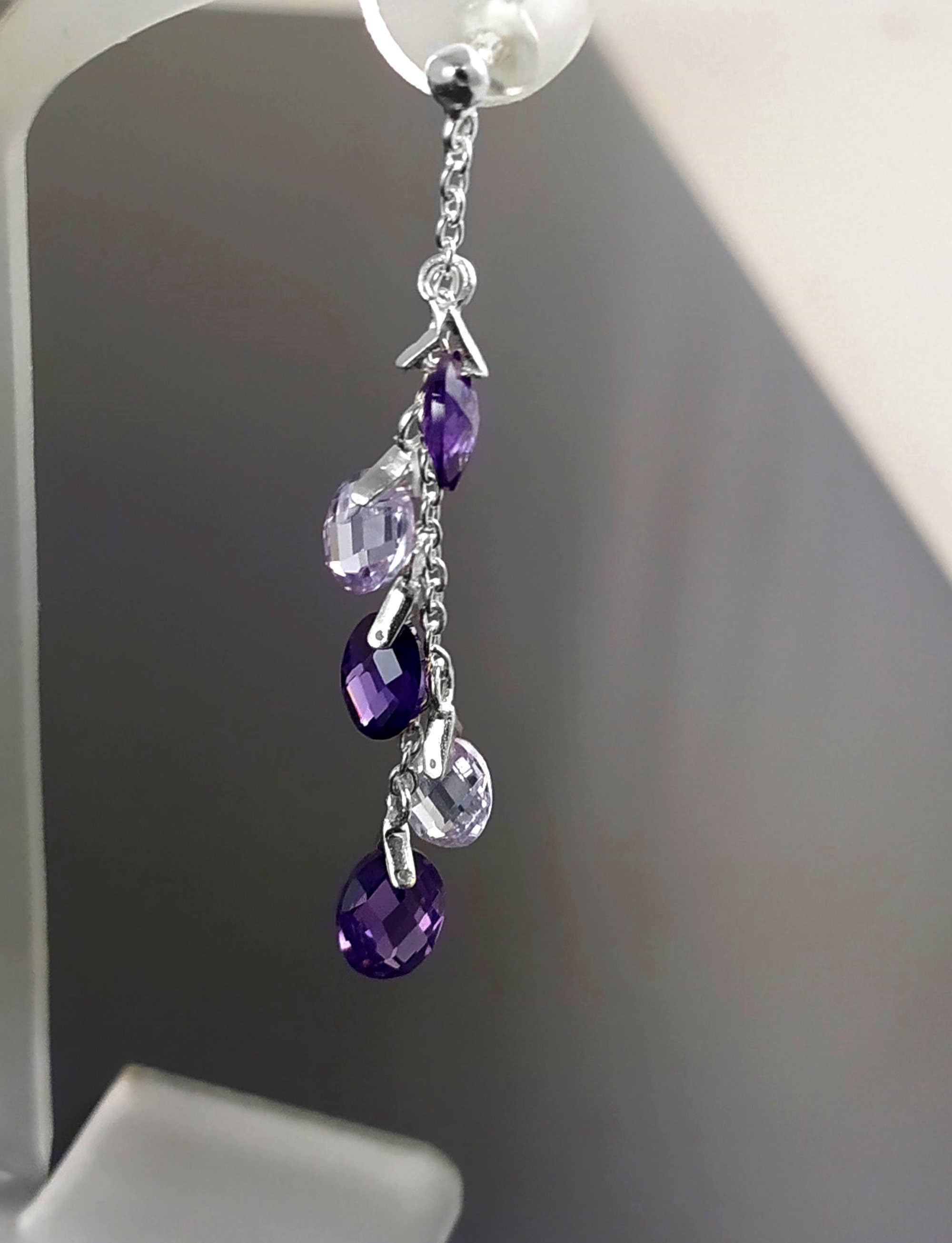 Purple earrings, sterling silver, teardrop purple crystal, berry grape stones bunch earrings, dark violet stone color, modern chain jewelry