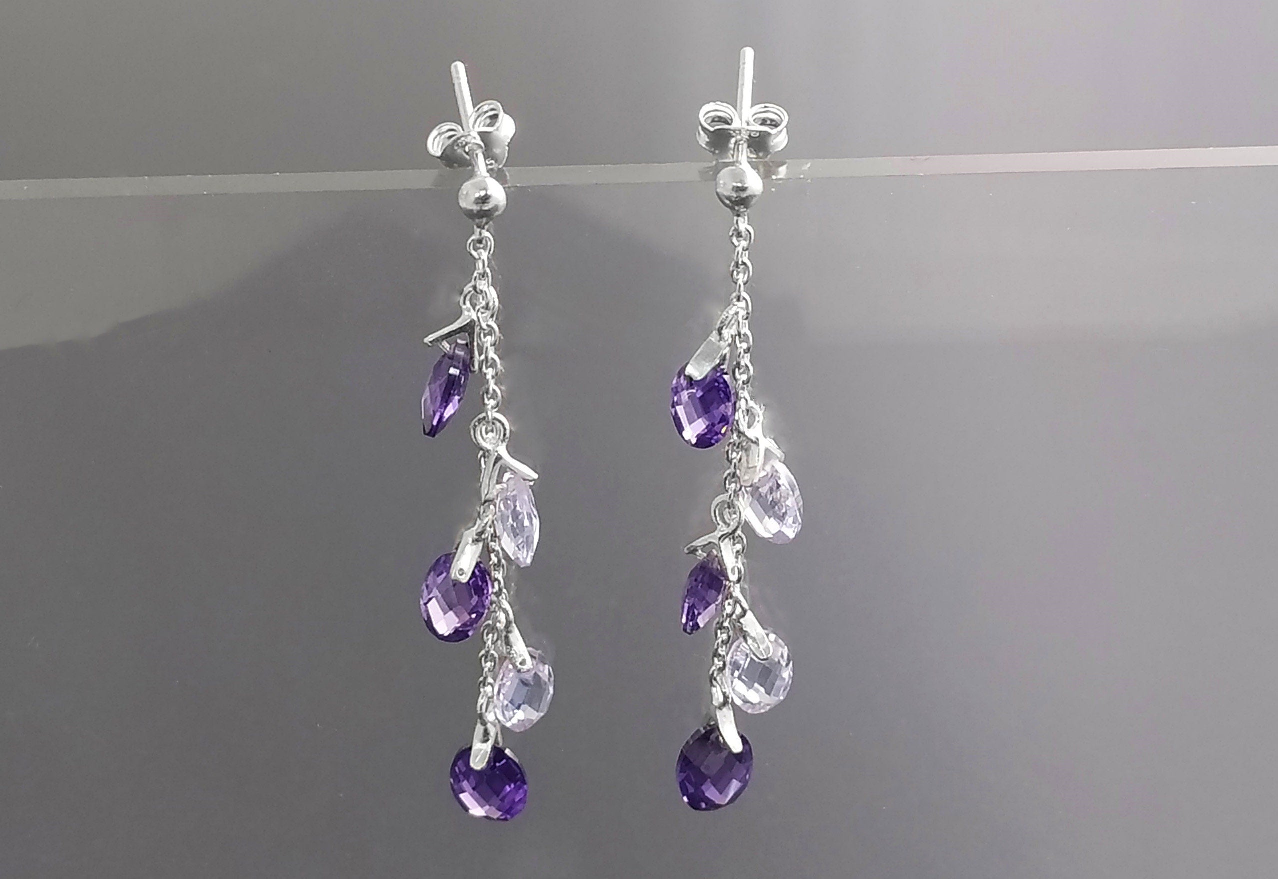 Purple earrings, sterling silver, teardrop purple crystal, berry grape stones bunch earrings, dark violet stone color, modern chain jewelry