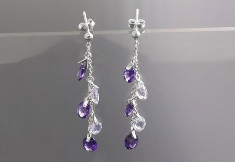Purple earrings, sterling silver, teardrop purple crystal, berry grape stones bunch earrings, dark violet stone color, modern chain jewelry