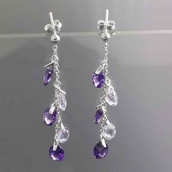 Purple earrings, sterling silver, teardrop purple crystal, berry grape stones bunch earrings, dark violet stone color, modern chain jewelry