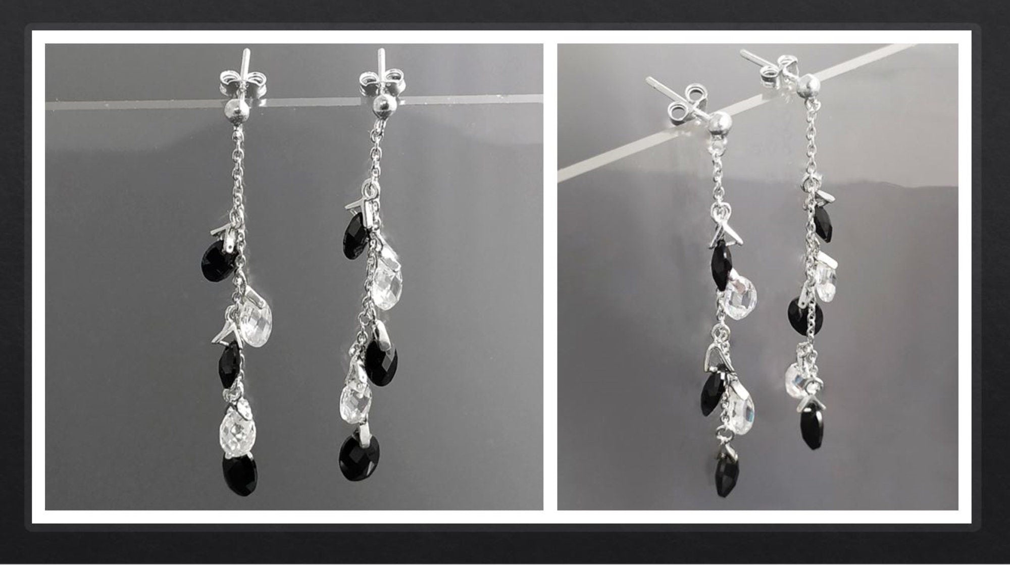Black earrings, sterling silver, teardrop blackberry grape cz stones bunch earrings, dark blackberries crystal color, modern drop jewelry