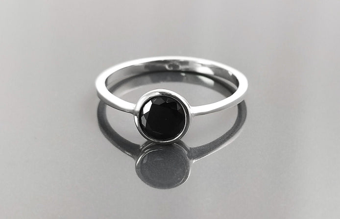 Black Solitaire Ring, Sterling Silver, Comfortable Low Closed Setting Single Black Cz Round Stone , Minimalist Promise Solitaire Jewelry