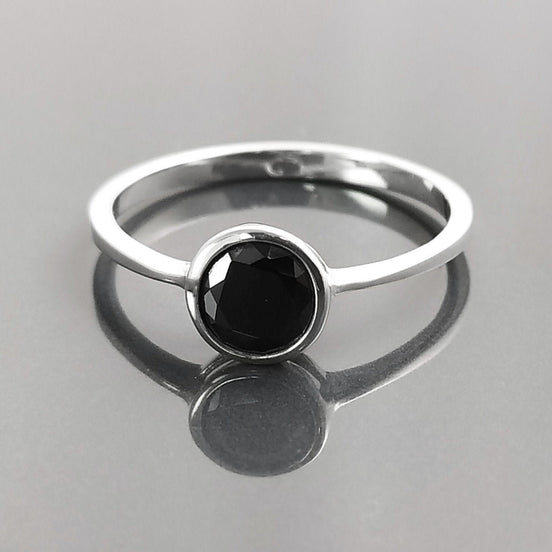 Black Solitaire Ring, Sterling Silver, Comfortable Low Closed Setting Single Black Cz Round Stone , Minimalist Promise Solitaire Jewelry