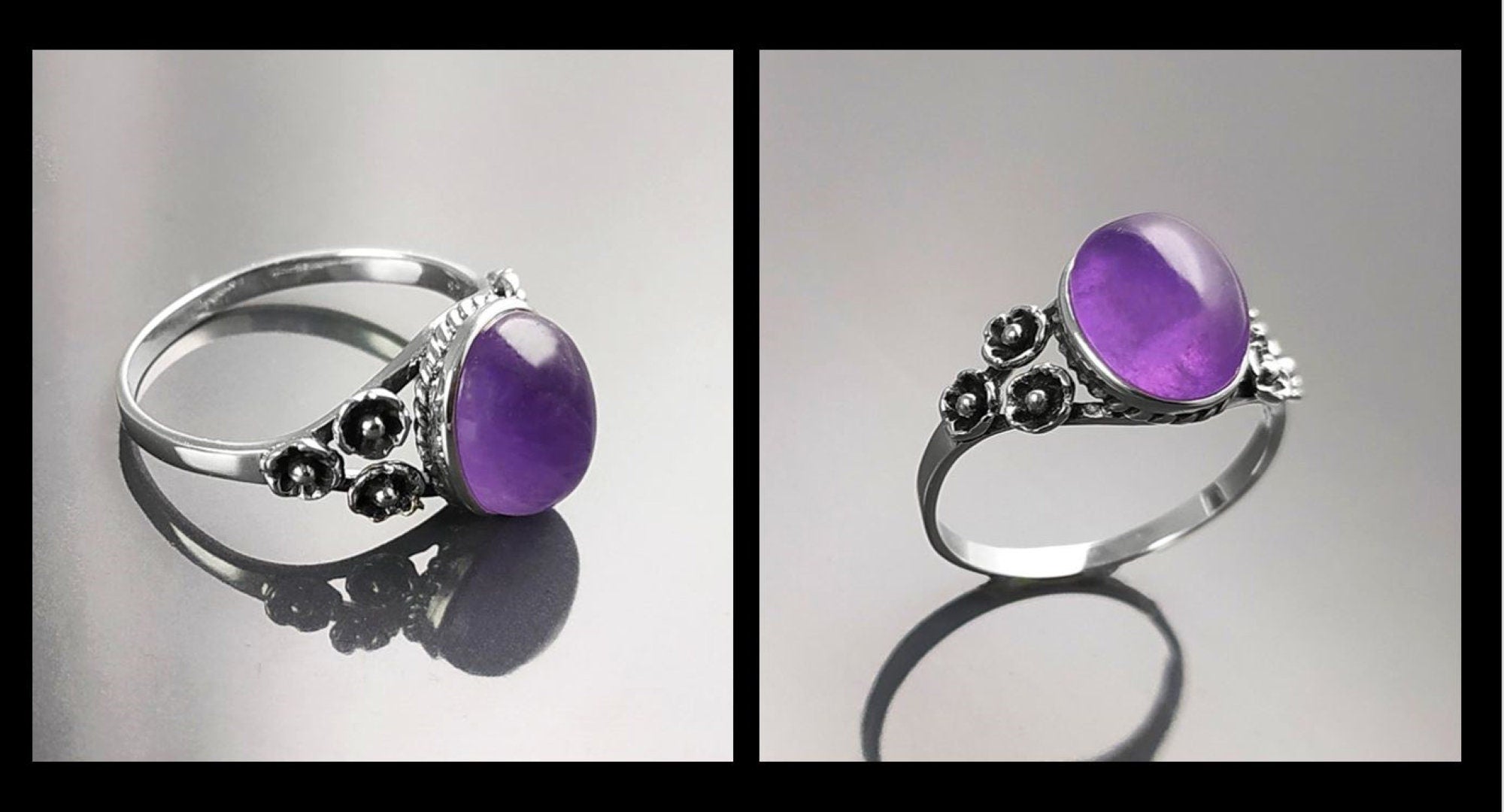 Amethyst Oval Ring, Sterling Silver, Boho Studded Band, Natural Purple Gemstone