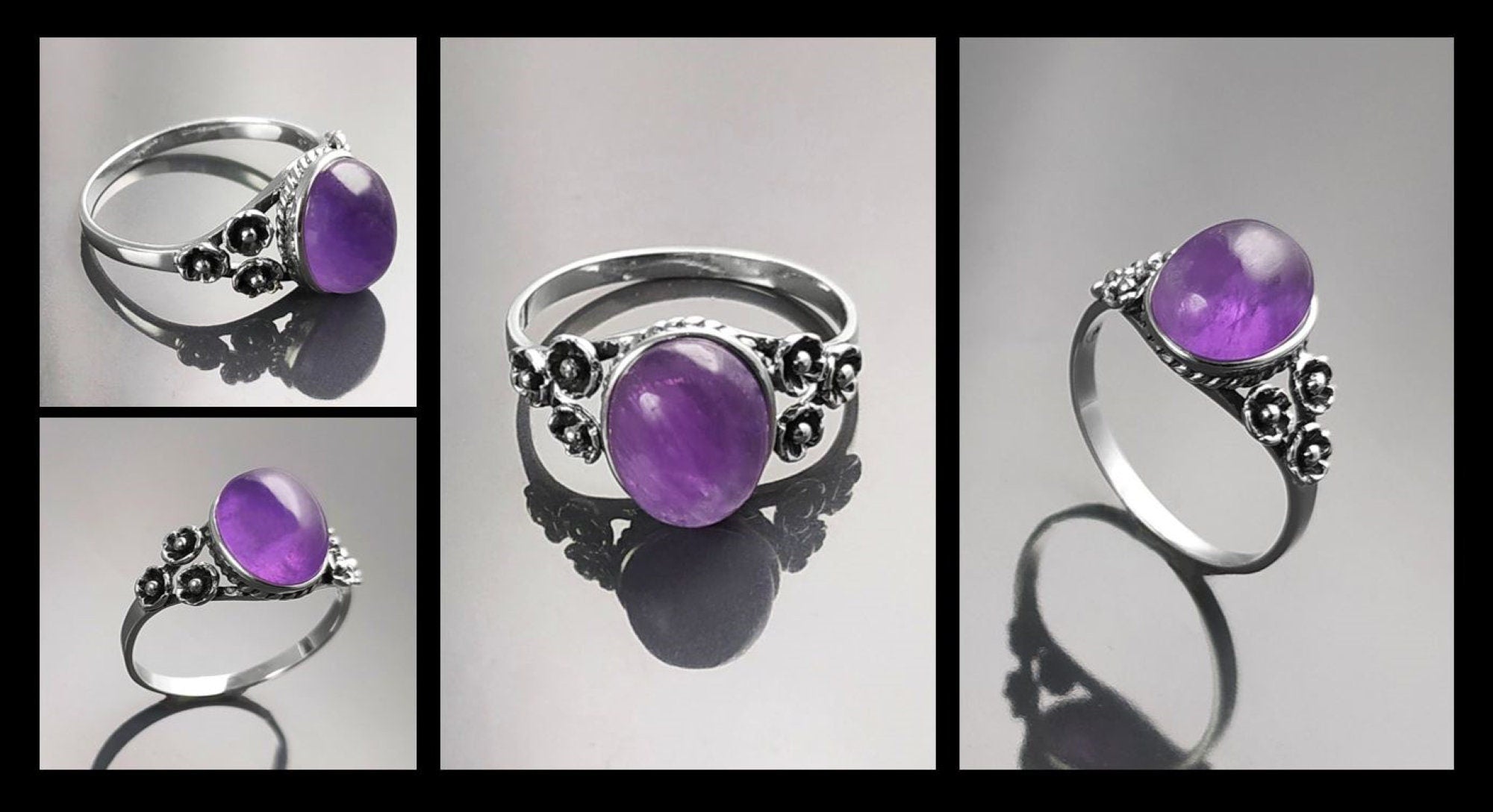 Amethyst Oval Ring, Sterling Silver, Boho Studded Band, Natural Purple Gemstone
