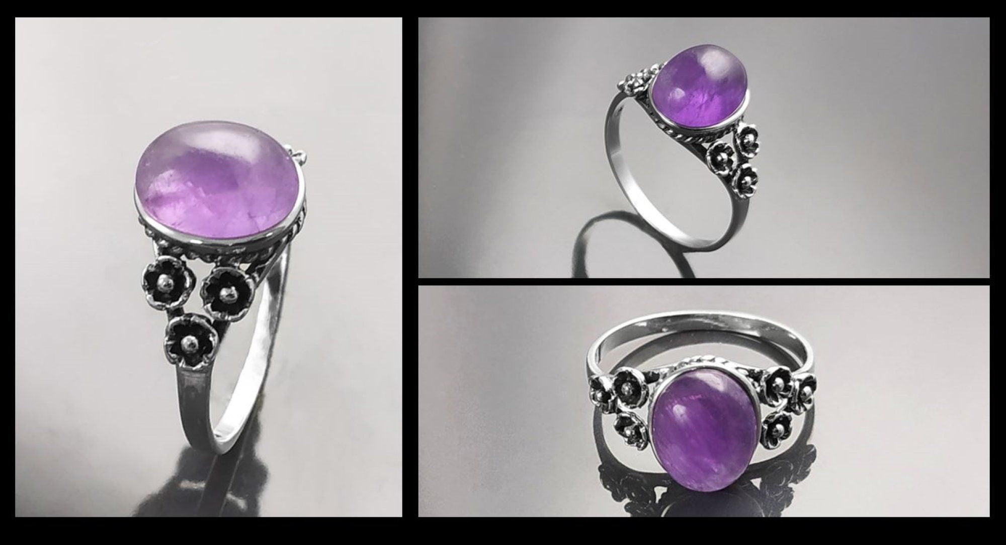 Amethyst Oval Ring, Sterling Silver, Boho Studded Band, Natural Purple Gemstone