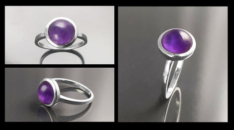 Round Amethyst Ring, Sterling Silver, Purple Stone Ring, Natural Purple Amethyst Gemstone Birthstone Jewelry, Modern Minimalist Style Gift
