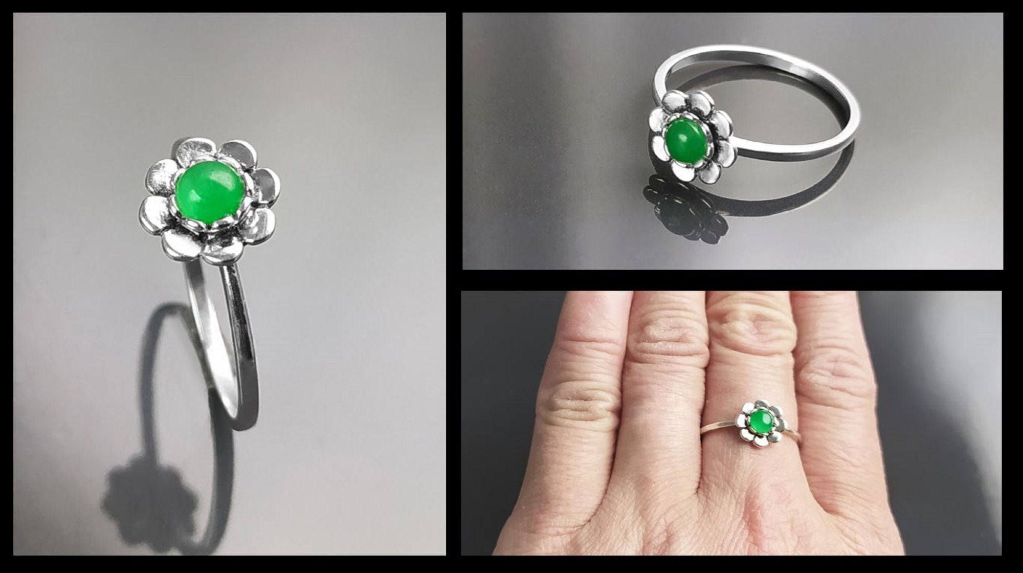925 Jade Ring, sterling silver, natural green jade stone ring, dainty round flower ring, Pinky nature floral ring