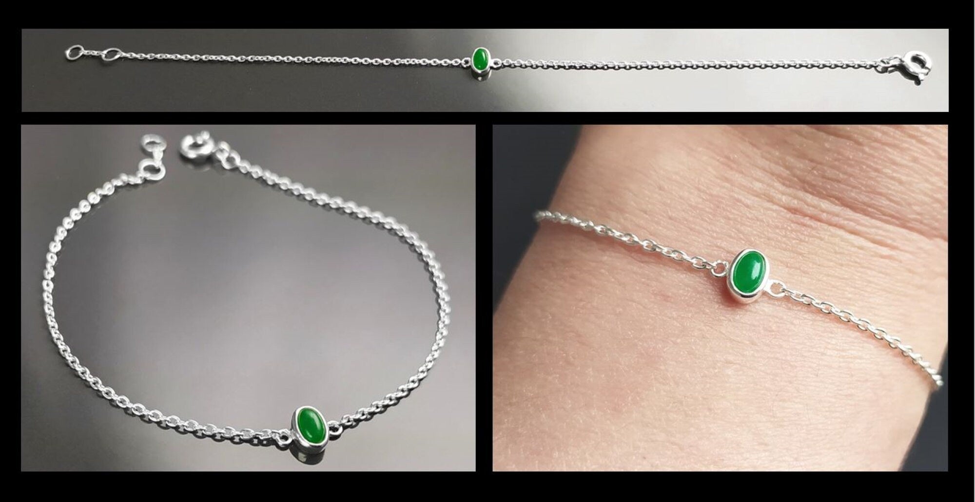 Tiny Jade Bracelet, Sterling Silver, Modern Minimalist Bracelet, Small Green Oval Stone, Genuine Jade Gemstone, Dainty Small Jewelry