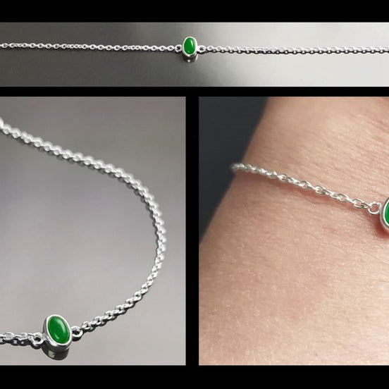 Tiny Jade Bracelet, Sterling Silver, Modern Minimalist Bracelet, Small Green Oval Stone, Genuine Jade Gemstone, Dainty Small Jewelry