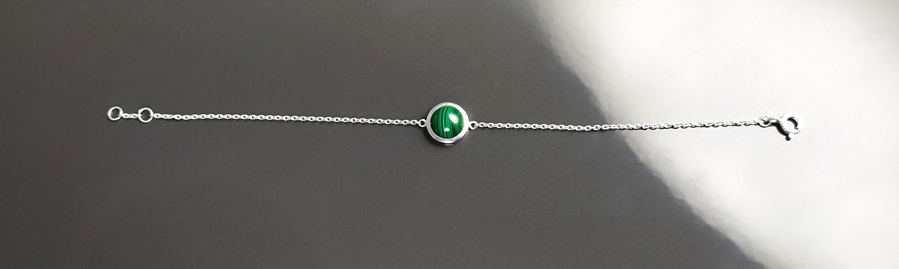 Green Round Bracelet, Sterling Silver, Genuine Malachite Gemstone, Green Stone Bracelet, Birthstone Jewelry, Modern Minimalist Style Gift