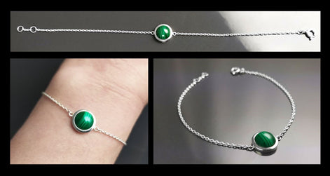 Green Round Bracelet, Sterling Silver, Genuine Malachite Gemstone, Green Stone Bracelet, Birthstone Jewelry, Modern Minimalist Style Gift