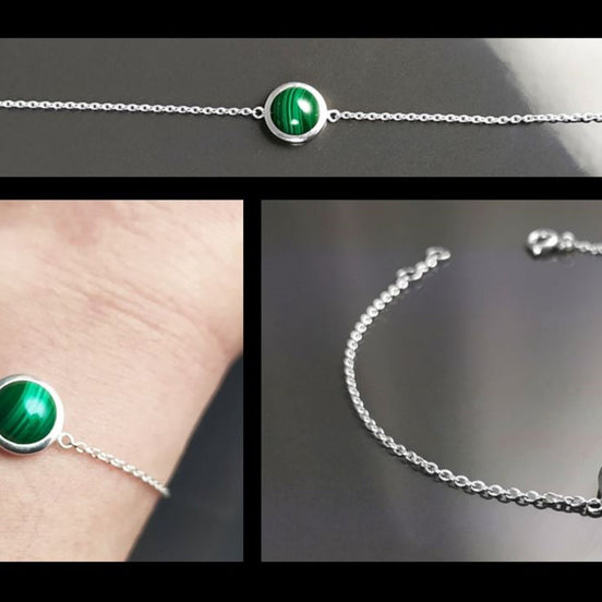 Green Round Bracelet, Sterling Silver, Genuine Malachite Gemstone, Green Stone Bracelet, Birthstone Jewelry, Modern Minimalist Style Gift