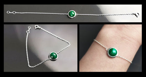 Green Round Bracelet, Sterling Silver, Genuine Malachite Gemstone, Green Stone Bracelet, Birthstone Jewelry, Modern Minimalist Style Gift