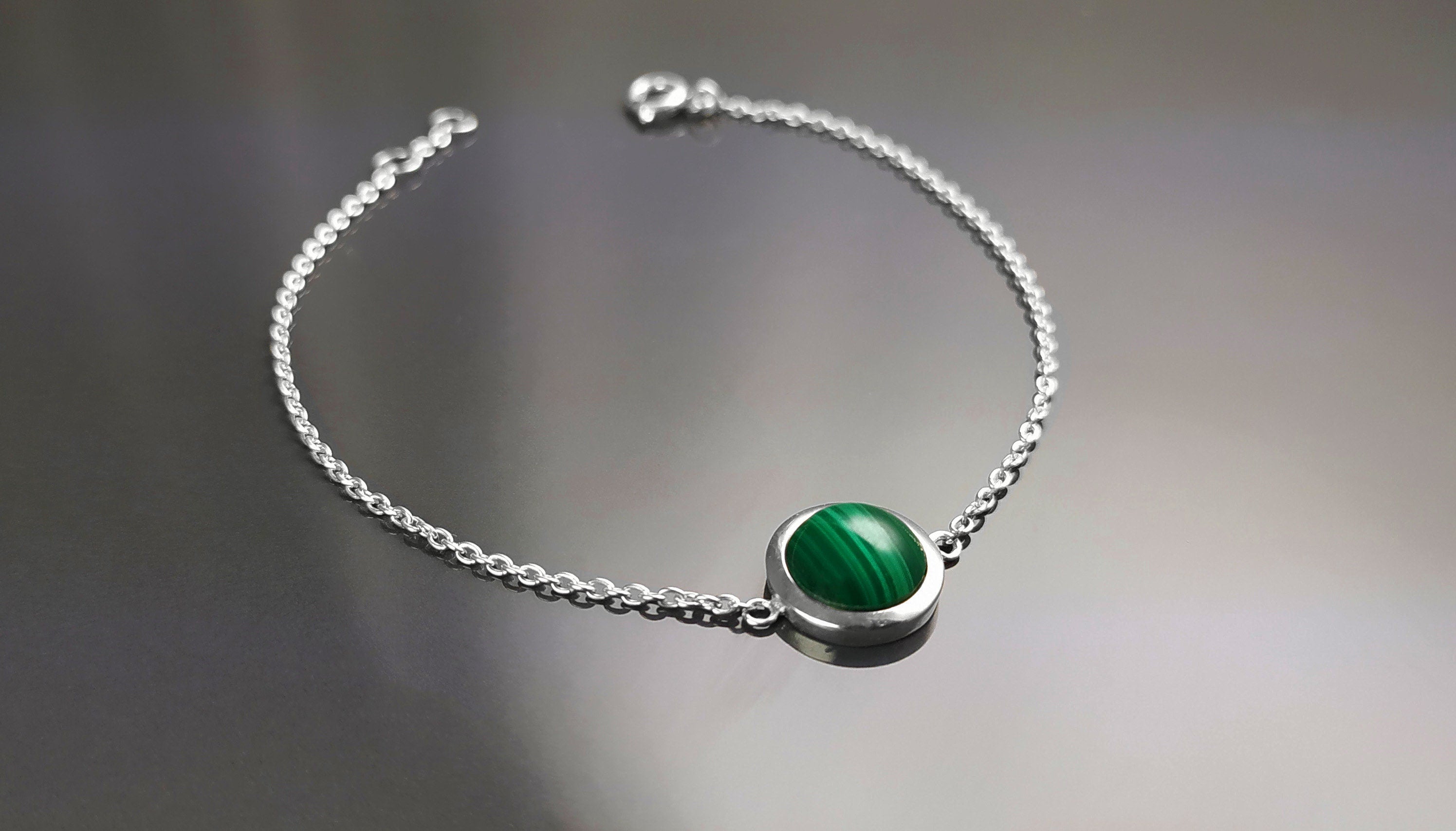 Green Round Bracelet, Sterling Silver, Genuine Malachite Gemstone, Green Stone Bracelet, Birthstone Jewelry, Modern Minimalist Style Gift