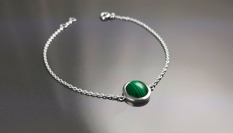 Green Round Bracelet, Sterling Silver, Genuine Malachite Gemstone, Green Stone Bracelet, Birthstone Jewelry, Modern Minimalist Style Gift
