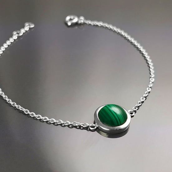 Green Round Bracelet, Sterling Silver, Genuine Malachite Gemstone, Green Stone Bracelet, Birthstone Jewelry, Modern Minimalist Style Gift