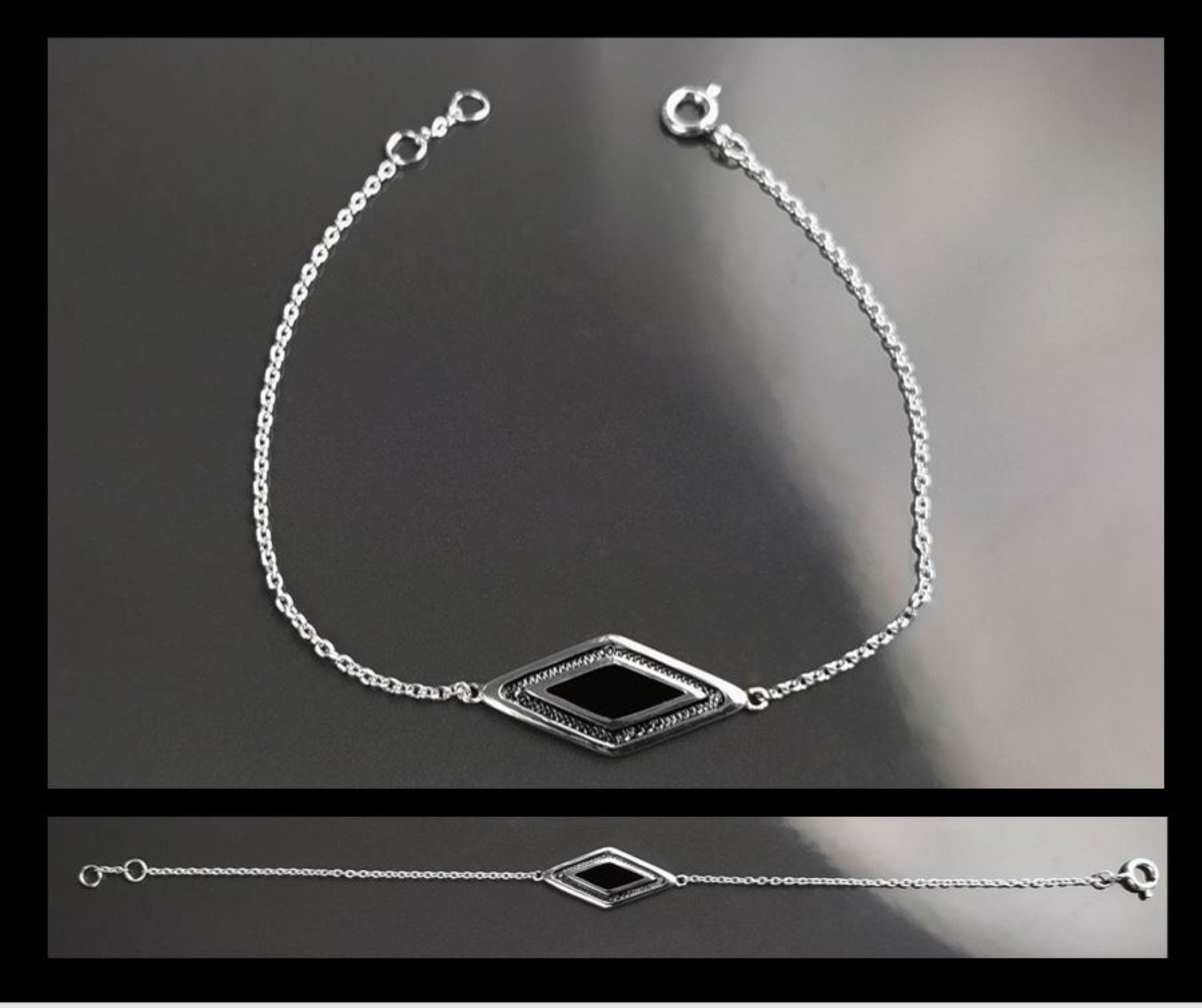 Black Eye Bracelet, Sterling Silver, Oval Black Color Onyx Stone, Spiritual Protection jewelry, Third Eye Against Evil Ring, Positive Energy