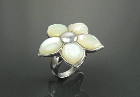 White Flower Ring, Sterling Silver, Mother of Pearl Shell , Polynesian Blossom Frangipani Flowers Petals Ring, White Stone Ring