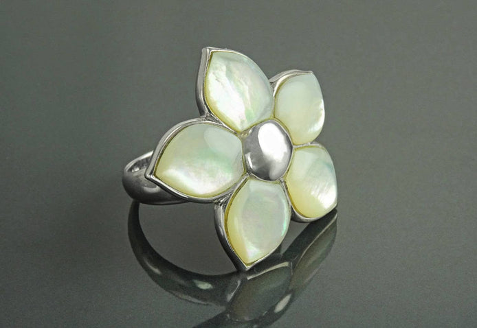 White Flower Ring, Sterling Silver, Mother of Pearl Shell , Polynesian Blossom Frangipani Flowers Petals Ring, White Stone Ring