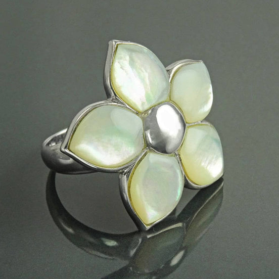 White Flower Ring, Sterling Silver, Mother of Pearl Shell , Polynesian Blossom Frangipani Flowers Petals Ring, White Stone Ring