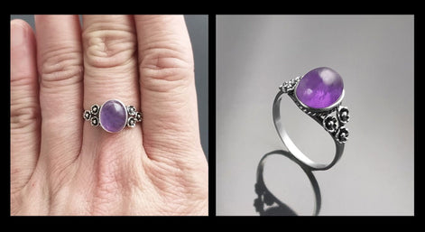 Amethyst Oval Ring, Sterling Silver, Boho Studded Band, Natural Purple Gemstone