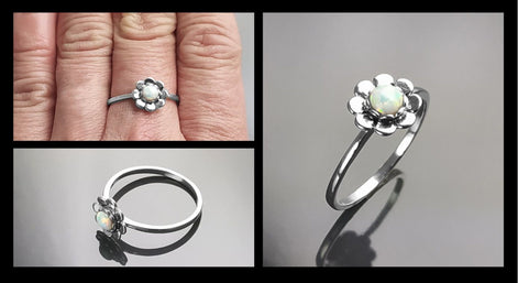 925 Opal Flower Ring, Sterling Silver, Fiery Opal Stone Jewelry, Round White Fire Rainbow Stone Ring, October Birthstone