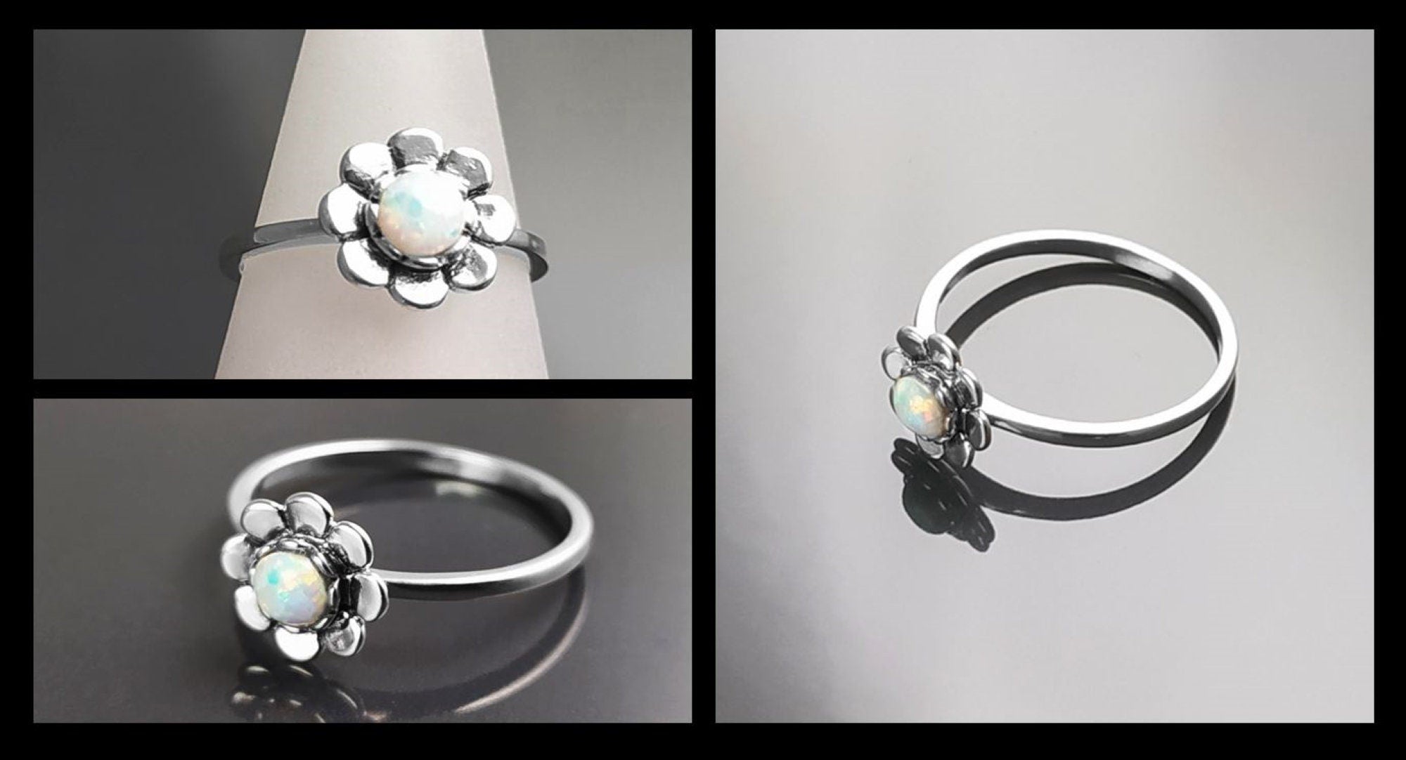 925 Opal Flower Ring, Sterling Silver, Fiery Opal Stone Jewelry, Round White Fire Rainbow Stone Ring, October Birthstone