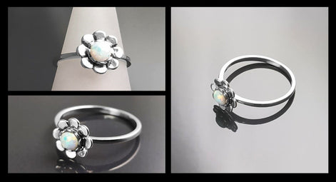 925 Opal Flower Ring, Sterling Silver, Fiery Opal Stone Jewelry, Round White Fire Rainbow Stone Ring, October Birthstone