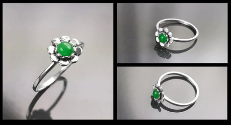 925 Jade Ring, sterling silver, natural green jade stone ring, dainty round flower ring, Pinky nature floral ring