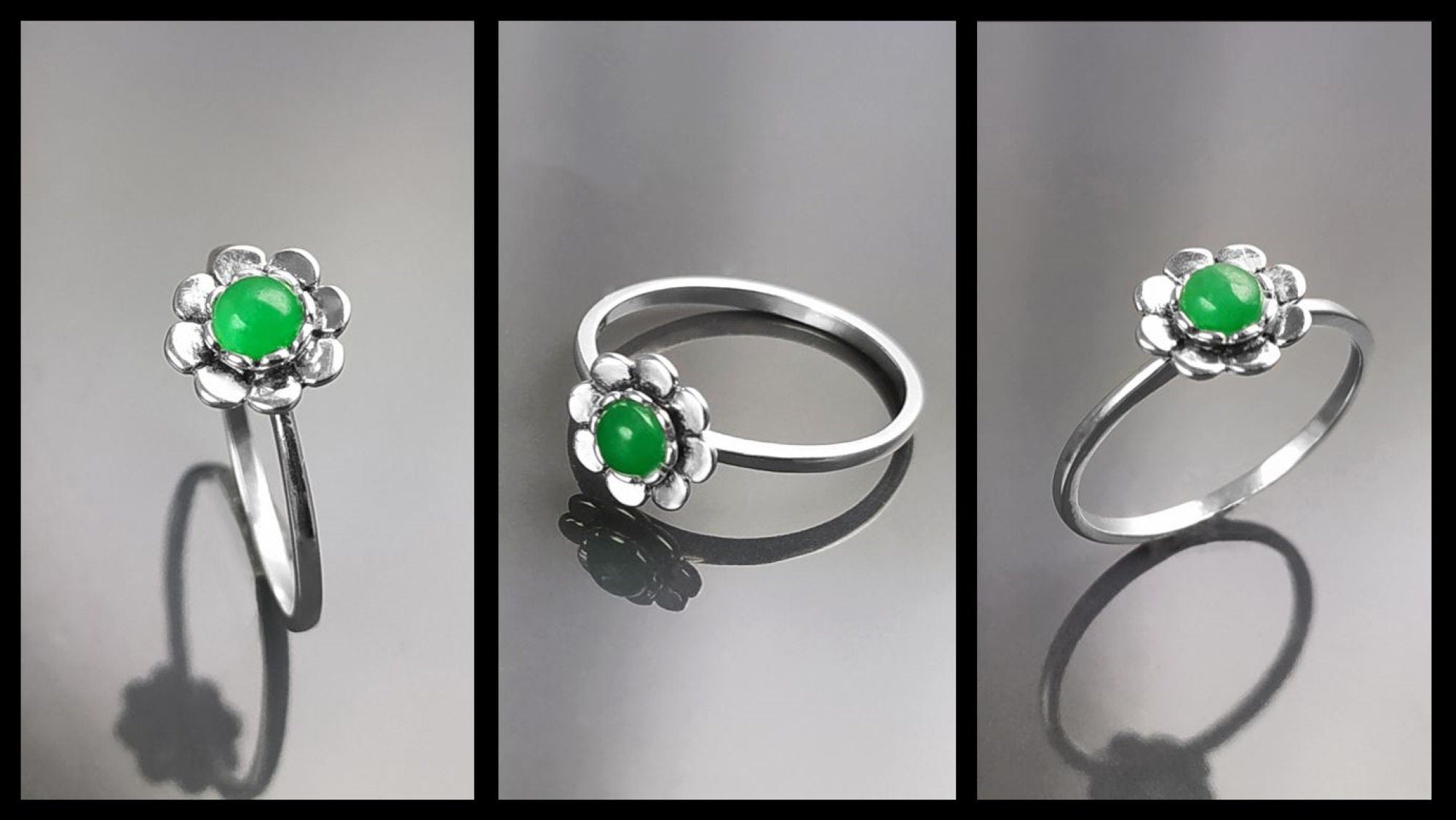 925 Jade Ring, sterling silver, natural green jade stone ring, dainty round flower ring, Pinky nature floral ring