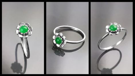 925 Jade Ring, sterling silver, natural green jade stone ring, dainty round flower ring, Pinky nature floral ring