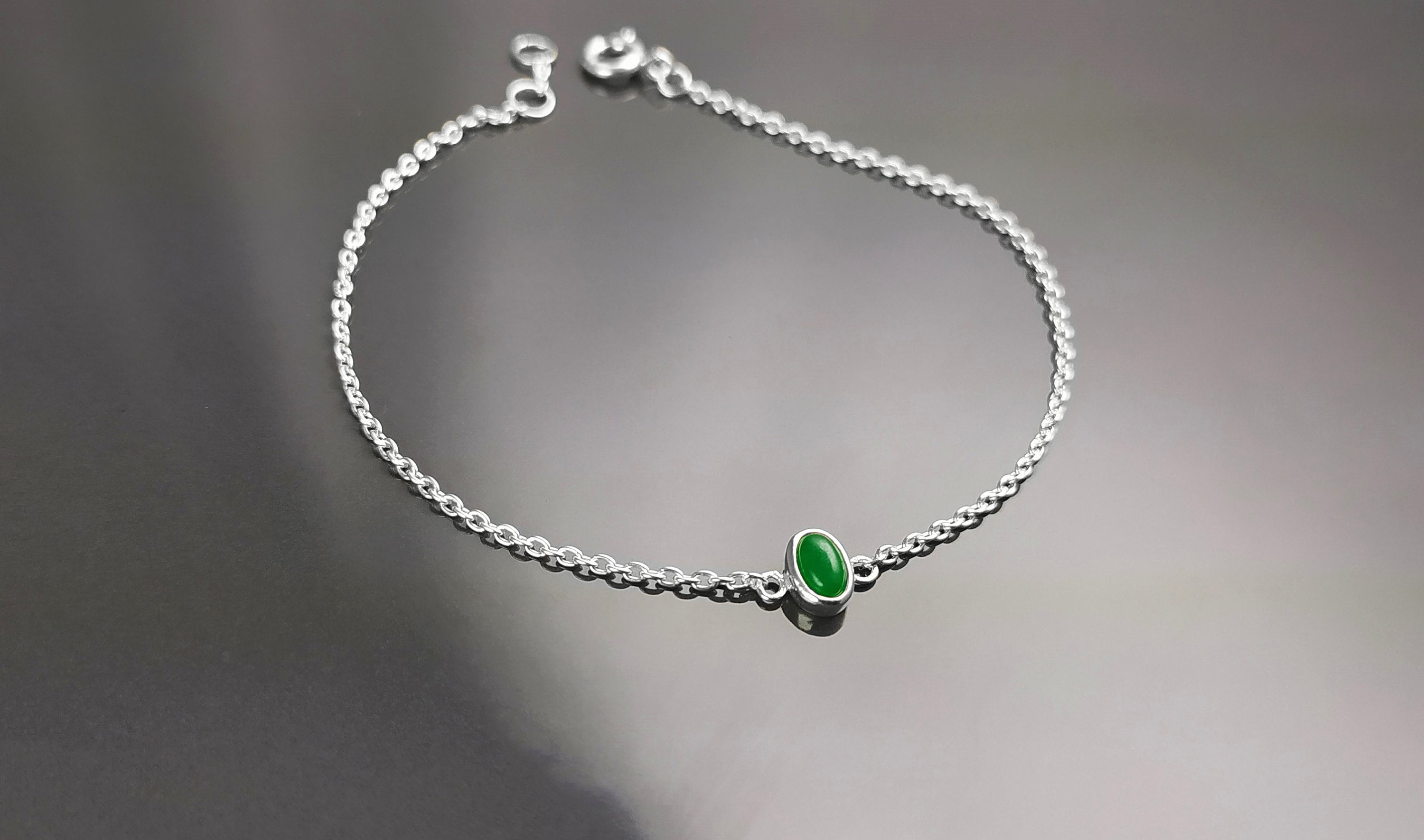 Tiny Jade Bracelet, Sterling Silver, Modern Minimalist Bracelet, Small Green Oval Stone, Genuine Jade Gemstone, Dainty Small Jewelry
