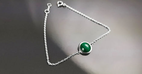 Green Round Bracelet, Sterling Silver, Genuine Malachite Gemstone, Green Stone Bracelet, Birthstone Jewelry, Modern Minimalist Style Gift